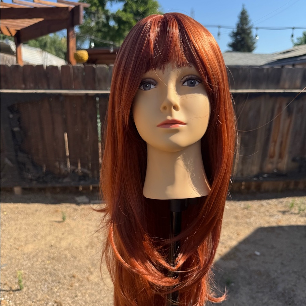 🔥 Long Ginger Bombshell Wig w/ Bangs – 26” Layered Glam 🍁